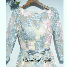 將圖片載入圖庫檢視器，The Ophena Grey and Pink Long Sleeve Lace Dress - WeddingConfetti