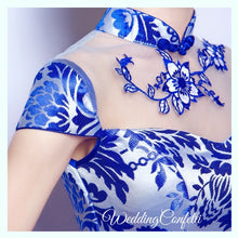 將圖片載入圖庫檢視器，The Oriana Blue White Mandarin Collar Cheongsam Dress - WeddingConfetti