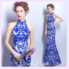 將圖片載入圖庫檢視器，The Oriana Blue White Mandarin Collar Cheongsam Dress - WeddingConfetti