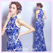 將圖片載入圖庫檢視器，The Oriana Blue White Mandarin Collar Cheongsam Dress - WeddingConfetti