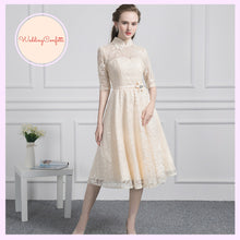 將圖片載入圖庫檢視器，The Perina Pink / Champagne Lace Mandarin Collar Short Dress - WeddingConfetti