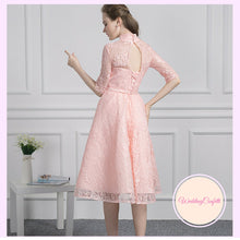 將圖片載入圖庫檢視器，The Perina Pink / Champagne Lace Mandarin Collar Short Dress - WeddingConfetti