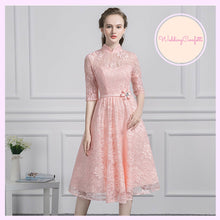 將圖片載入圖庫檢視器，The Perina Pink / Champagne Lace Mandarin Collar Short Dress - WeddingConfetti