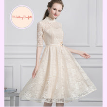 將圖片載入圖庫檢視器，The Perina Pink / Champagne Lace Mandarin Collar Short Dress - WeddingConfetti