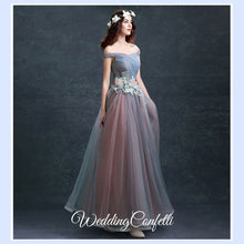 將圖片載入圖庫檢視器，The Regalia Tulle Lace Off Shoulder Blue Gown - WeddingConfetti