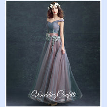 將圖片載入圖庫檢視器，The Regalia Tulle Lace Off Shoulder Blue Gown - WeddingConfetti