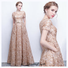 將圖片載入圖庫檢視器，The Rikka Gold Short Sleeve Gown - WeddingConfetti