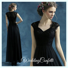 將圖片載入圖庫檢視器，The Belinda Black Cap Sleeve Dress Gown - WeddingConfetti