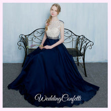將圖片載入圖庫檢視器，The Tabitha White Navy Blue Dress (Available in Different Lengths) - WeddingConfetti