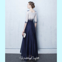 將圖片載入圖庫檢視器，The Tabitha White Navy Blue Long Sleeves Gown - WeddingConfetti
