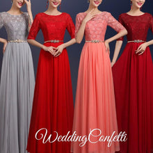 將圖片載入圖庫檢視器，The Rosetta Black / Grey / Red / Coral / Green Lace Sleeves Evening Gown - WeddingConfetti