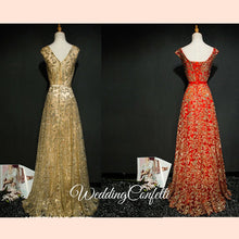 將圖片載入圖庫檢視器，The Riselle Gold/Blue/Red Sleeveless A Line Gown - WeddingConfetti