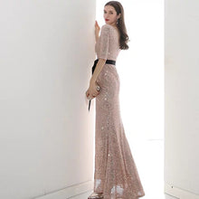 將圖片載入圖庫檢視器，The Lavinia Long Sleeves Gold Sequined Gown - WeddingConfetti