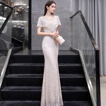 將圖片載入圖庫檢視器，The Reysel Short Sleeves Sequined Sliver Gown - WeddingConfetti