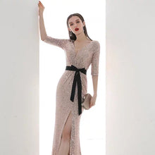 將圖片載入圖庫檢視器，The Lavinia Long Sleeves Gold Sequined Gown - WeddingConfetti