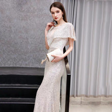 將圖片載入圖庫檢視器，The Reysel Short Sleeves Sequined Sliver Gown - WeddingConfetti