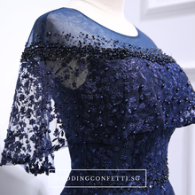將圖片載入圖庫檢視器，The Veranda Royal Blue Cape Sleeves Gown - WeddingConfetti