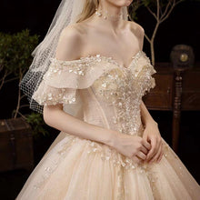 將圖片載入圖庫檢視器，The Serenity Wedding Bridal Off Shoulder Glitter Champagne Gown - WeddingConfetti