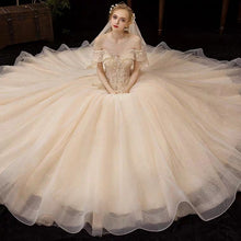 將圖片載入圖庫檢視器，The Serenity Wedding Bridal Off Shoulder Glitter Champagne Gown - WeddingConfetti