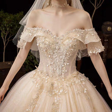 將圖片載入圖庫檢視器，The Serenity Wedding Bridal Off Shoulder Glitter Champagne Gown - WeddingConfetti
