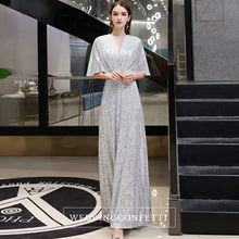 將圖片載入圖庫檢視器，The Rayna Silver Sequined Draped Sleeves Gown (Available in 2 colours) - WeddingConfetti