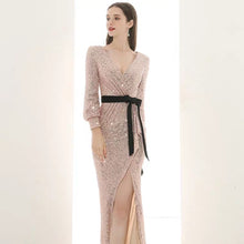 將圖片載入圖庫檢視器，The Lavinia Long Sleeves Gold Sequined Gown - WeddingConfetti