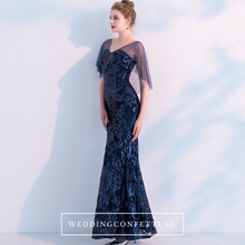 將圖片載入圖庫檢視器，The Tina Blue Cape Sleeve  Gown - WeddingConfetti