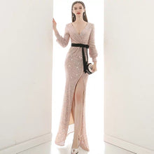 將圖片載入圖庫檢視器，The Lavinia Long Sleeves Gold Sequined Gown - WeddingConfetti