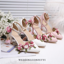 將圖片載入圖庫檢視器，The Premalia Wedding Bridal Floral White/Pink Heels - WeddingConfetti